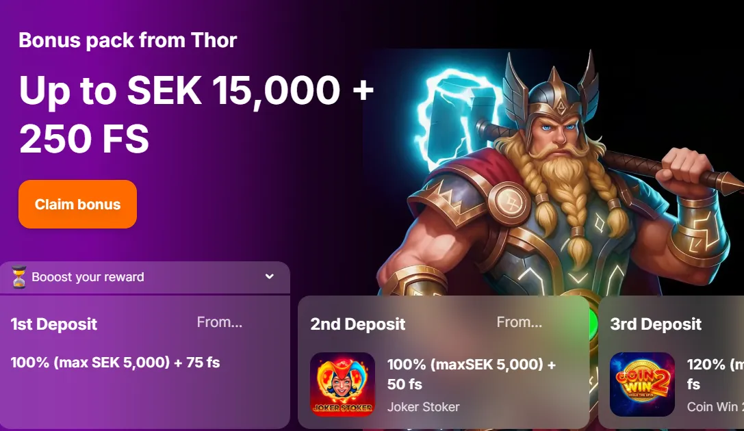 Hit n Spins bonuspaket Thor med upp till 15 000 kr och 250 free spins