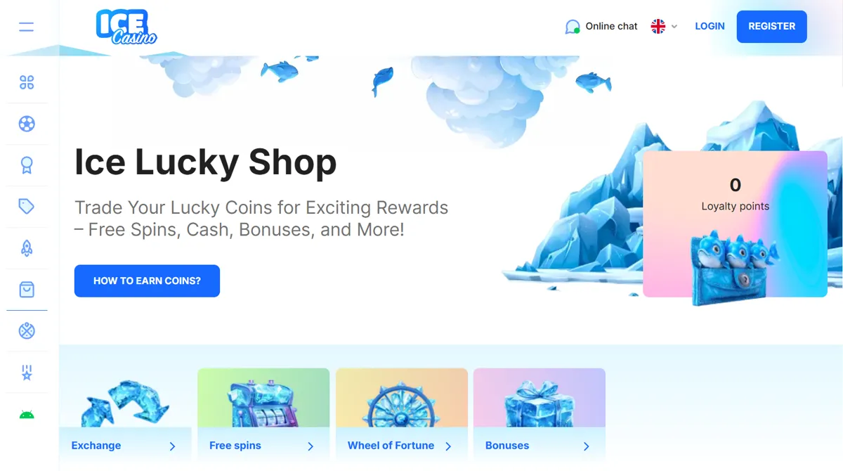 Ice Lucky Shop där poäng byts mot free spins och bonusar