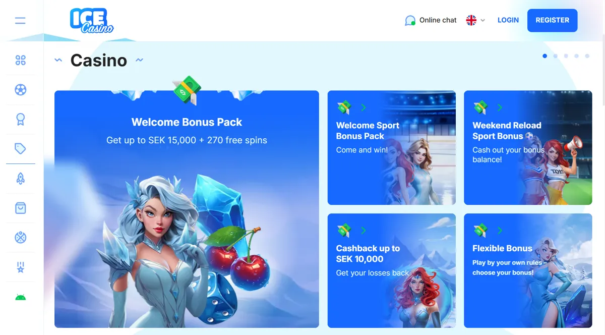 Ice Casinos kampanjsida med välkomstpaketet på upp till 15 000 kr och 270 free spins