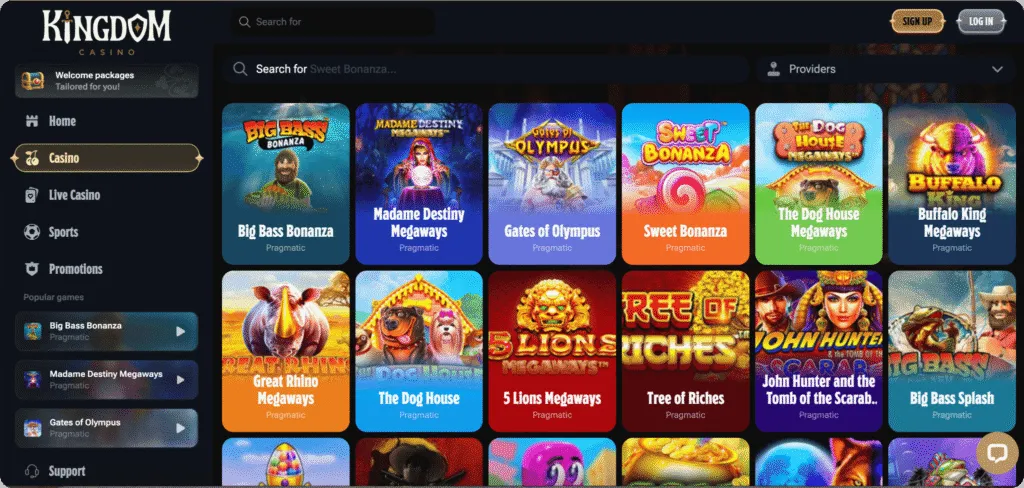 Kingdom Casinos slotslobby med spel från Pragmatic Play