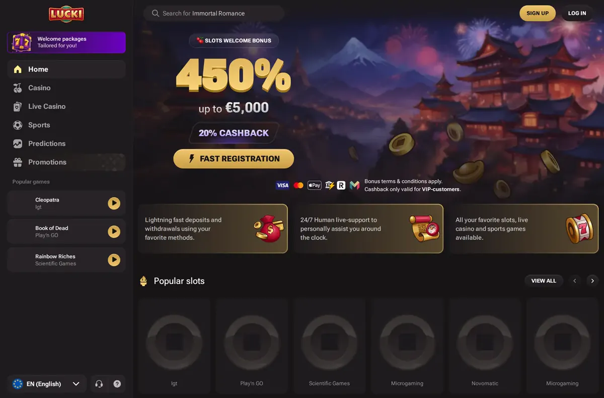 Lucki Casinos startsida med välkomstbonus på 450 % upp till 5 000 euro