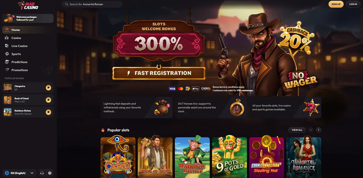 Mad Casinos startsida med välkomstbonus på 300 % och cashback utan omsättning