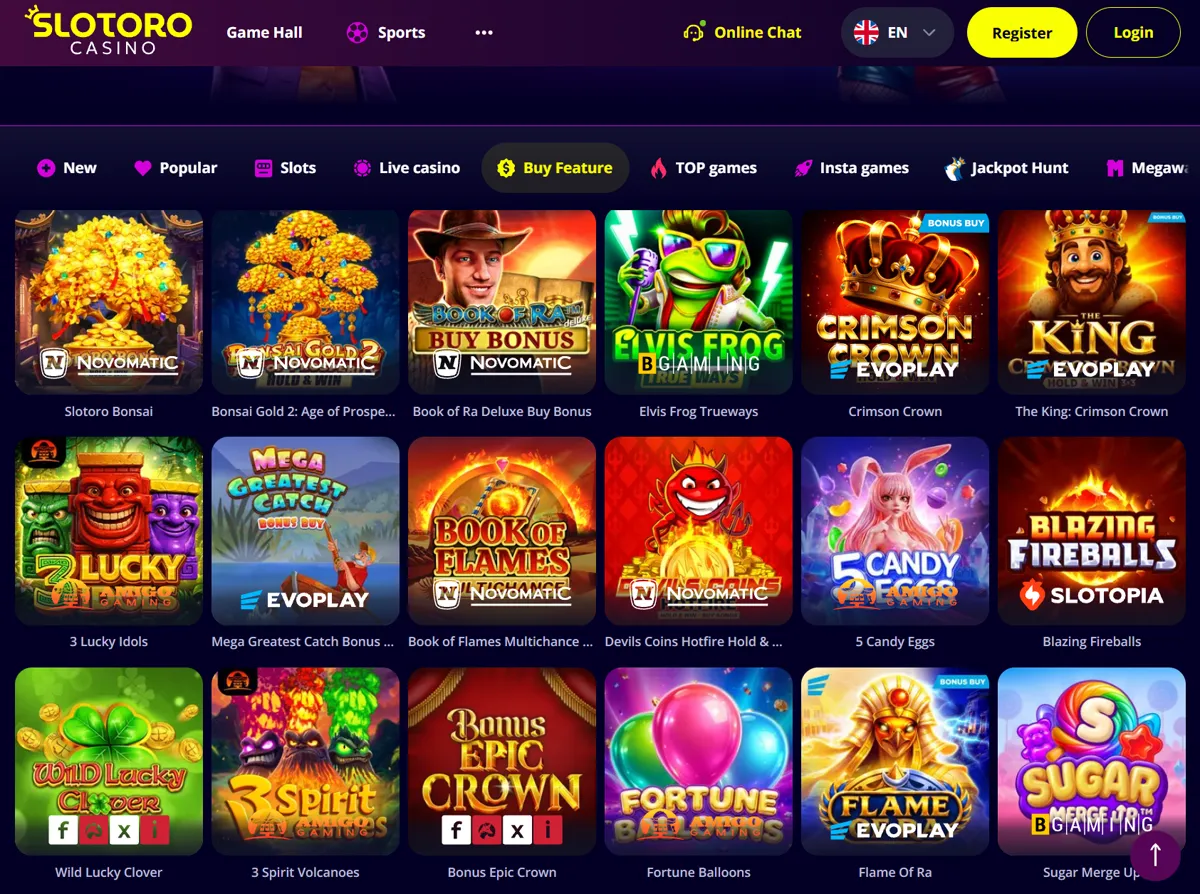 Slotoros lobby med spel som har bonusköp