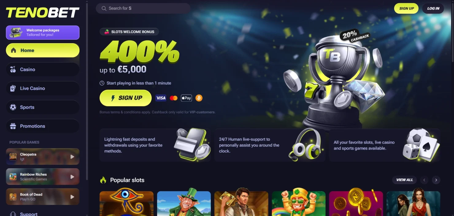 Tenobets startsida med välkomstbonus på 400 % upp till 5 000 euro