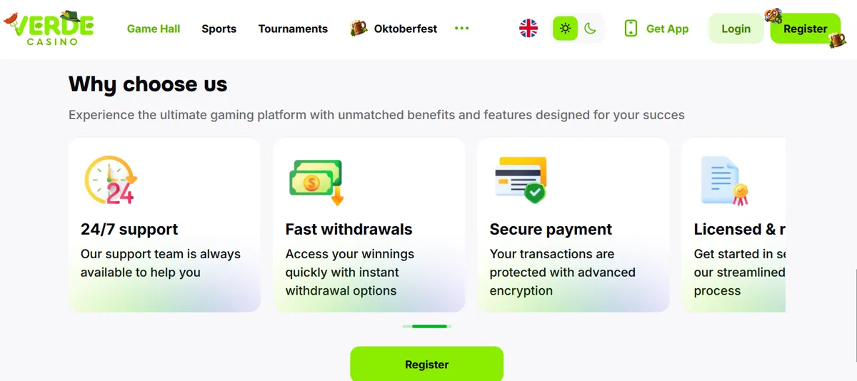 Verde Casinos sida om support, uttag och säkerhet