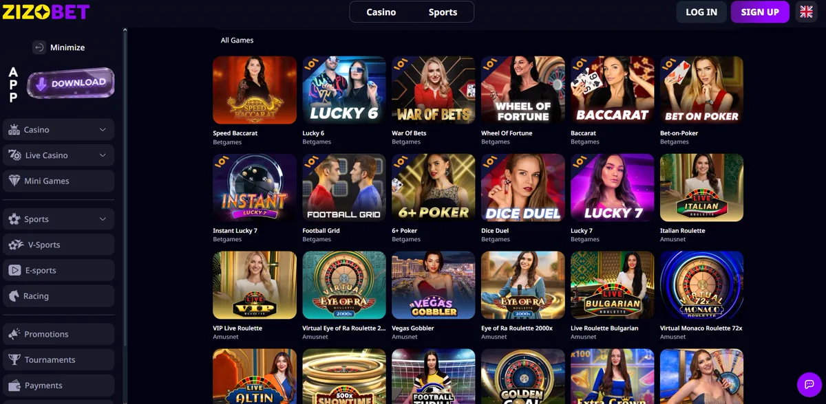 Zizobets livecasino med spel från bland andra Betgames